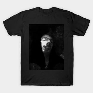 Portrait, digital collage and special processing. Like monk, man, smiling. Head. Weird. Grayscale. T-Shirt